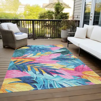 8' X 10' Sky Blue And Pink Floral Washable Indoor Outdoor Area Rug