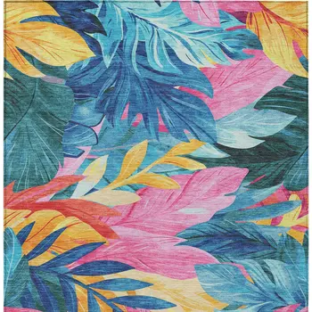9' X 12' Sky Blue And Pink Floral Washable Indoor Outdoor Area Rug