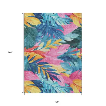 9' X 12' Sky Blue And Pink Floral Washable Indoor Outdoor Area Rug
