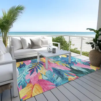 9' X 12' Sky Blue And Pink Floral Washable Indoor Outdoor Area Rug