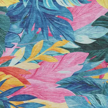9' X 12' Sky Blue And Pink Floral Washable Indoor Outdoor Area Rug