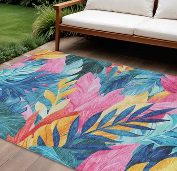 10' X 14' Sky Blue And Pink Floral Washable Indoor Outdoor Area Rug