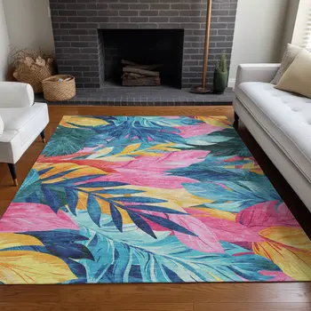 10' X 14' Sky Blue And Pink Floral Washable Indoor Outdoor Area Rug
