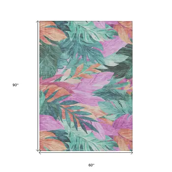 5' X 8' Teal Blue And Aqua Floral Washable Indoor Outdoor Area Rug