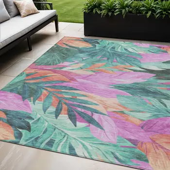 5' X 8' Teal Blue And Aqua Floral Washable Indoor Outdoor Area Rug