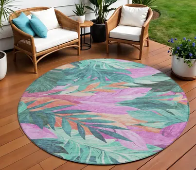8' Teal Blue And Aqua Round Floral Washable Indoor Outdoor Area Rug