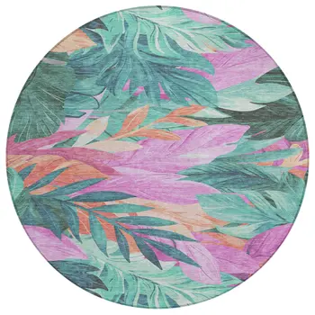 8' Teal Blue And Aqua Round Floral Washable Indoor Outdoor Area Rug