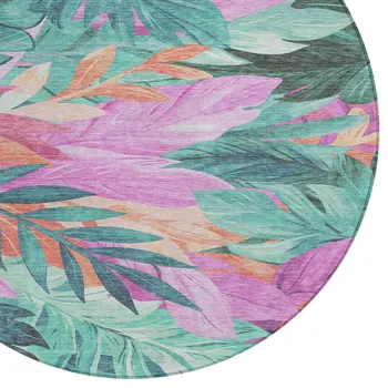 8' Teal Blue And Aqua Round Floral Washable Indoor Outdoor Area Rug