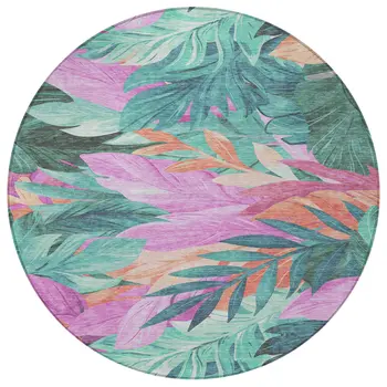 8' Teal Blue And Aqua Round Floral Washable Indoor Outdoor Area Rug