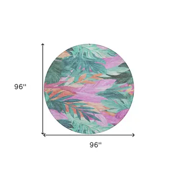 8' Teal Blue And Aqua Round Floral Washable Indoor Outdoor Area Rug