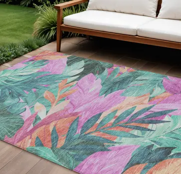 9' X 12' Teal Blue And Aqua Floral Washable Indoor Outdoor Area Rug