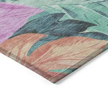 9' X 12' Teal Blue And Aqua Floral Washable Indoor Outdoor Area Rug