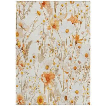 5' X 8' Ivory And Beige Floral Washable Indoor Outdoor Area Rug