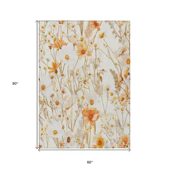 5' X 8' Ivory And Beige Floral Washable Indoor Outdoor Area Rug