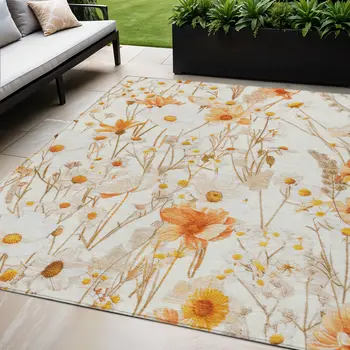 5' X 8' Ivory And Beige Floral Washable Indoor Outdoor Area Rug