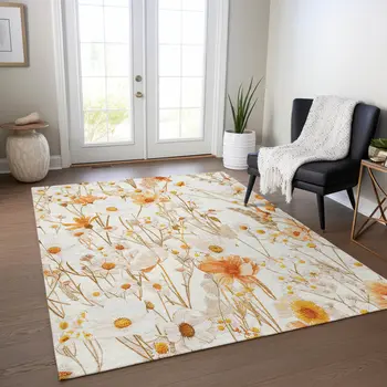 5' X 8' Ivory And Beige Floral Washable Indoor Outdoor Area Rug