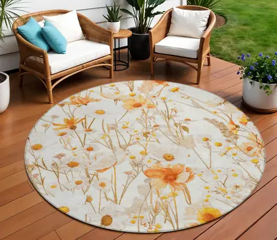 8' Ivory And Beige Round Floral Washable Indoor Outdoor Area Rug