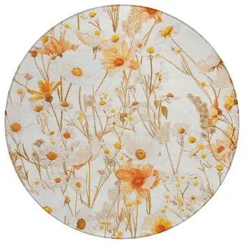 8' Ivory And Beige Round Floral Washable Indoor Outdoor Area Rug