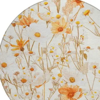 8' Ivory And Beige Round Floral Washable Indoor Outdoor Area Rug