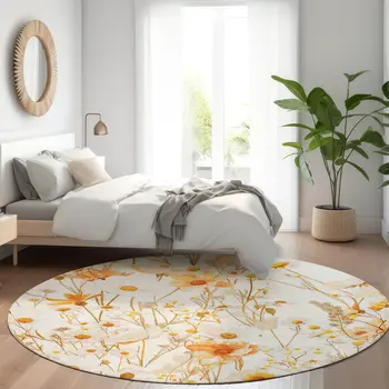 8' Ivory And Beige Round Floral Washable Indoor Outdoor Area Rug
