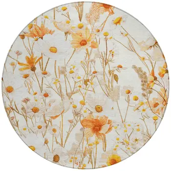 8' Ivory And Beige Round Floral Washable Indoor Outdoor Area Rug