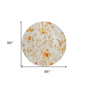 8' Ivory And Beige Round Floral Washable Indoor Outdoor Area Rug