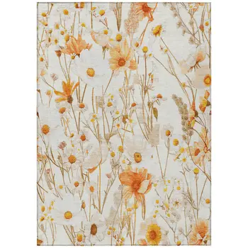 8' X 10' Ivory And Beige Floral Washable Indoor Outdoor Area Rug