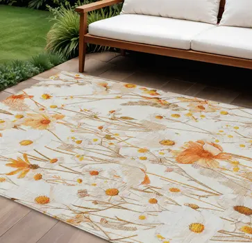 9' X 12' Ivory And Beige Floral Washable Indoor Outdoor Area Rug
