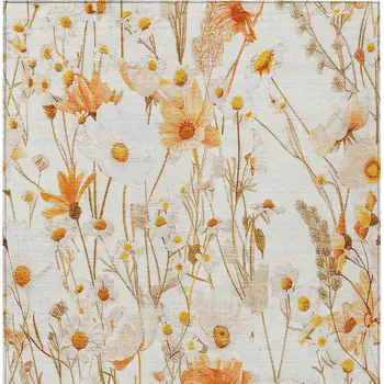 10' X 14' Ivory And Beige Floral Washable Indoor Outdoor Area Rug