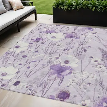 5' X 8' Lavender And Lilac Floral Washable Indoor Outdoor Area Rug