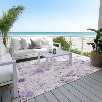 5' X 8' Lavender And Lilac Floral Washable Indoor Outdoor Area Rug