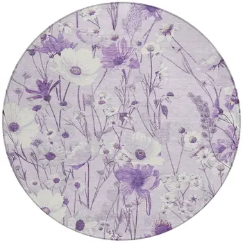 8' Lavender And Lilac Round Floral Washable Indoor Outdoor Area Rug