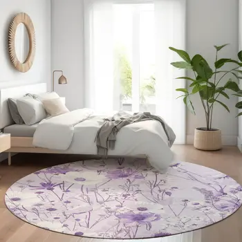 8' Lavender And Lilac Round Floral Washable Indoor Outdoor Area Rug