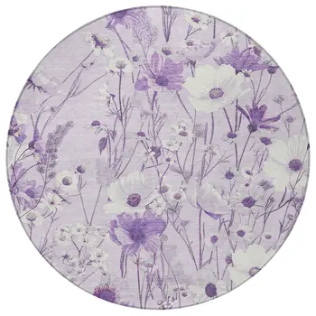 8' Lavender And Lilac Round Floral Washable Indoor Outdoor Area Rug