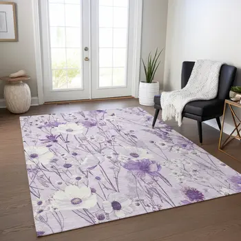 8' X 10' Lavender And Lilac Floral Washable Indoor Outdoor Area Rug
