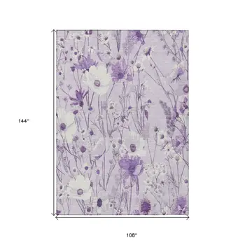 9' X 12' Lavender And Lilac Floral Washable Indoor Outdoor Area Rug