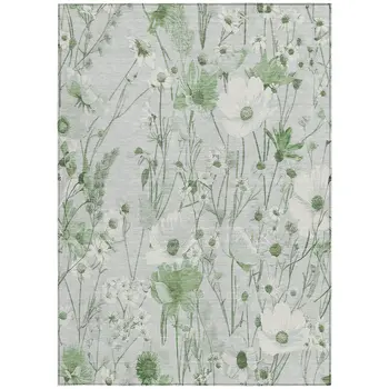 3' X 5' Mint Green And Ivory Floral Washable Indoor Outdoor Area Rug