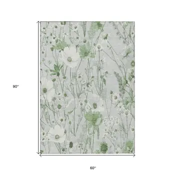 5' X 8' Mint Green And Ivory Floral Washable Indoor Outdoor Area Rug