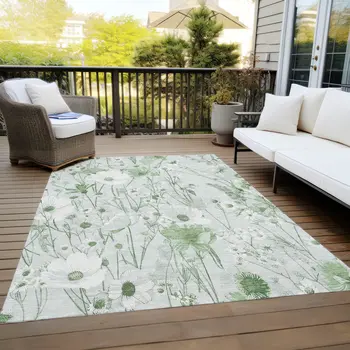 5' X 8' Mint Green And Ivory Floral Washable Indoor Outdoor Area Rug