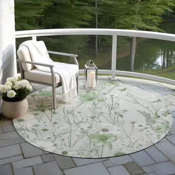 8' Mint Green And Ivory Round Floral Washable Indoor Outdoor Area Rug