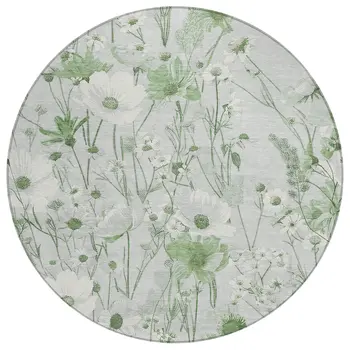 8' Mint Green And Ivory Round Floral Washable Indoor Outdoor Area Rug
