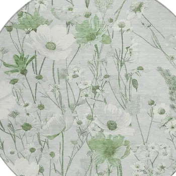 8' Mint Green And Ivory Round Floral Washable Indoor Outdoor Area Rug