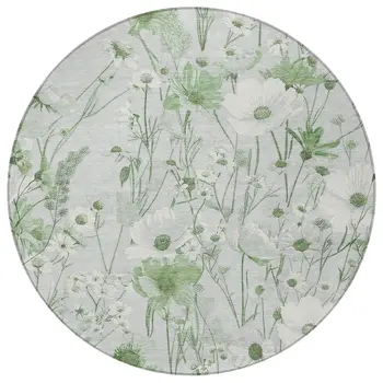 8' Mint Green And Ivory Round Floral Washable Indoor Outdoor Area Rug