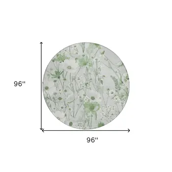 8' Mint Green And Ivory Round Floral Washable Indoor Outdoor Area Rug