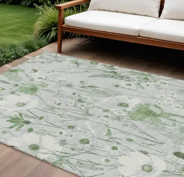 8' X 10' Mint Green And Ivory Floral Washable Indoor Outdoor Area Rug