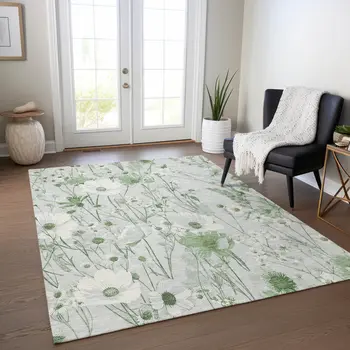 8' X 10' Mint Green And Ivory Floral Washable Indoor Outdoor Area Rug