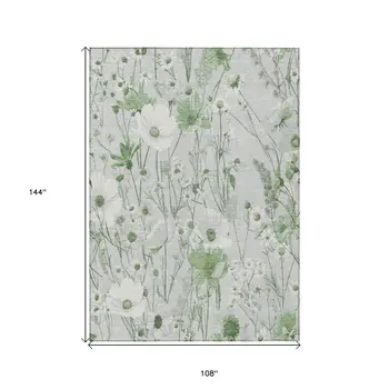 9' X 12' Mint Green And Ivory Floral Washable Indoor Outdoor Area Rug
