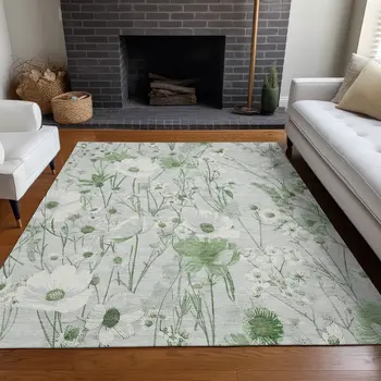 9' X 12' Mint Green And Ivory Floral Washable Indoor Outdoor Area Rug
