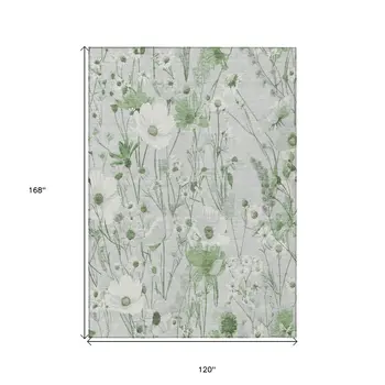 10' X 14' Mint Green And Ivory Floral Washable Indoor Outdoor Area Rug