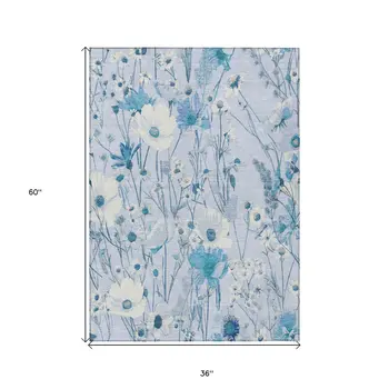 3' X 5' Sky Blue And Denim Blue Floral Washable Indoor Outdoor Area Rug